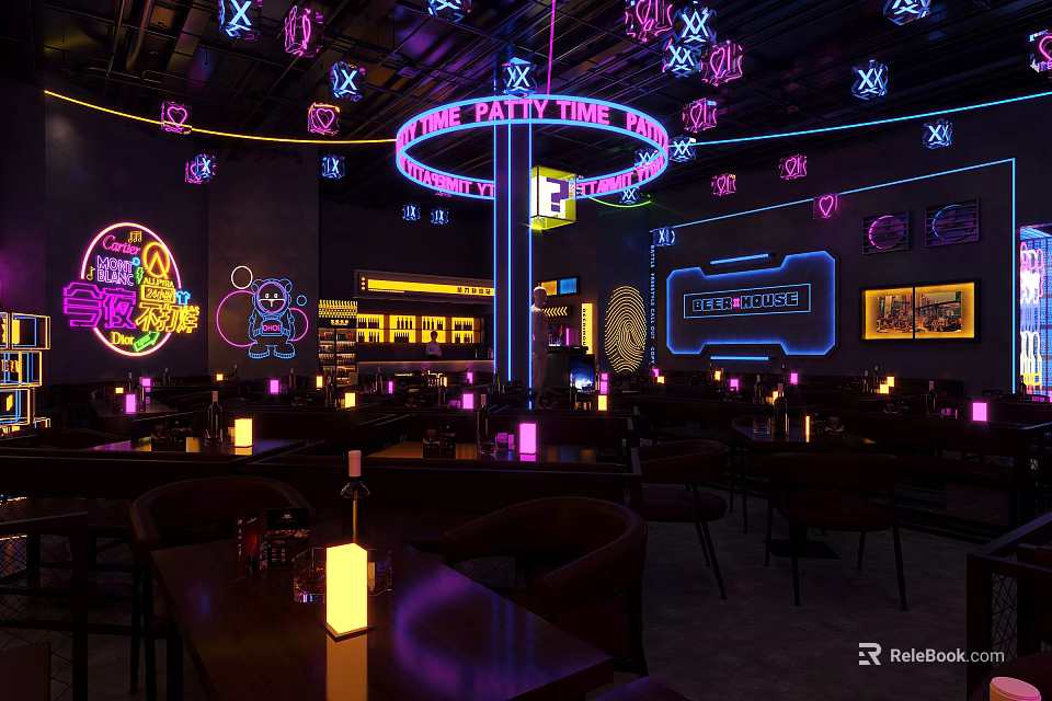 Modern Bar Interior Design With Neon Lights Purple Lighting Bar Counter And Tables Chairs 3d model 