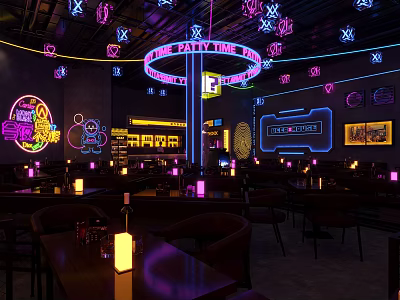 Modern Bar Interior Design With Neon Lights Purple Lighting Bar Counter And Tables Chairs 3d model