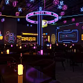 Modern Bar Interior Design With Neon Lights Purple Lighting Bar Counter And Tables Chairs