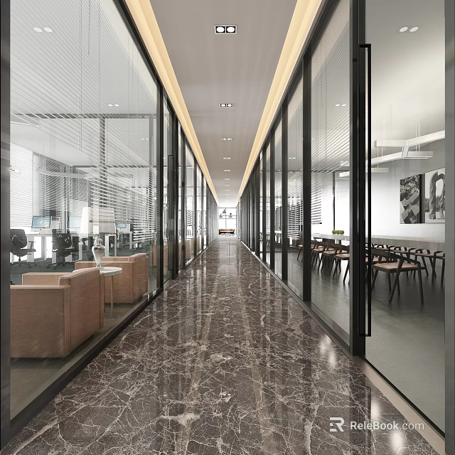 Modern Office Corridor Design With Glass Walls Marble Flooring And Bright Office Interior 3d model 