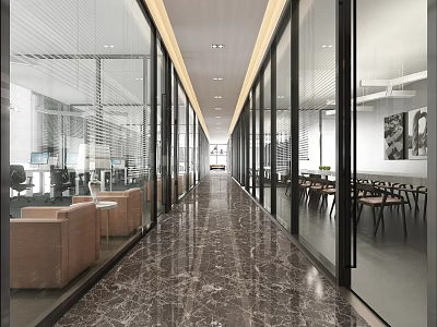 Modern Office Corridor Design With Glass Walls Marble Flooring And Bright Office Interior 3d model