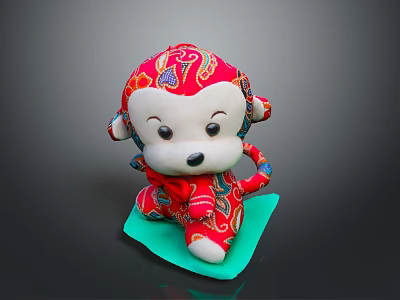 Red Monkey Plush Toy With Colorful Pattern And White Face On Green Mat 3d model