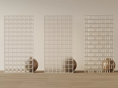 Modern Transparent Grid Room Dividers with Spherical Decorations on Wooden Floor 3d model