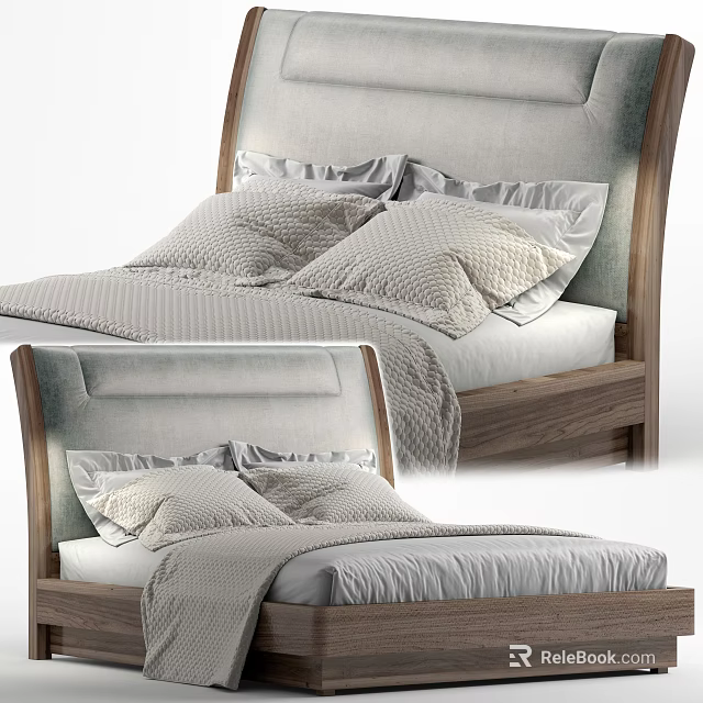 Modern Double Bed With Upholstered Headboard Wooden Frame Soft Pillows And Light Sheets 3d model 