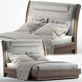 Modern Double Bed With Upholstered Headboard Wooden Frame Soft Pillows And Light Sheets