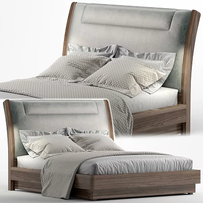 Modern Double Bed With Upholstered Headboard Wooden Frame Soft Pillows And Light Sheets 3d model