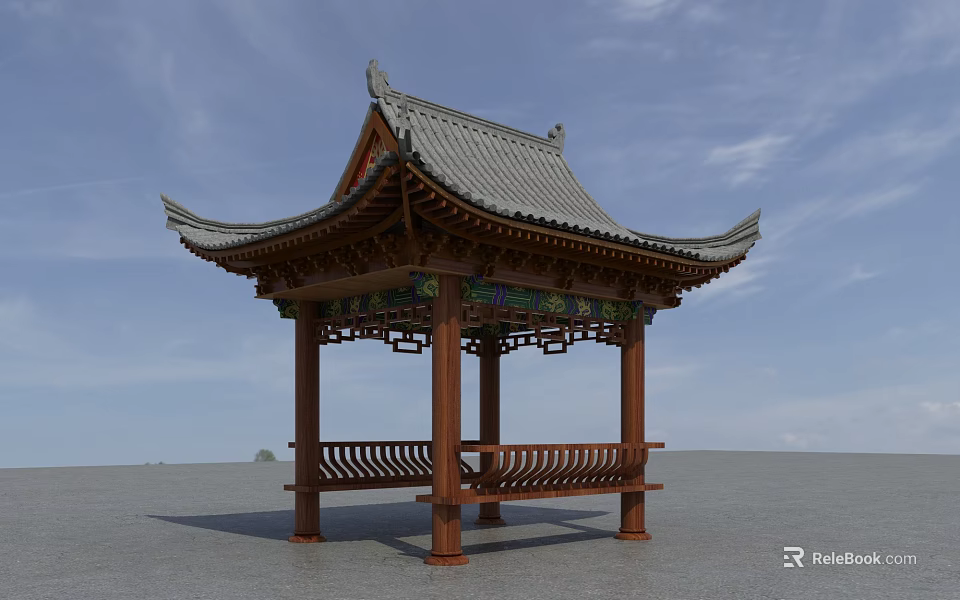Traditional Chinese Wooden Pavilion With Curved Eaves Tile Roof And Carved Decorations 3d model 