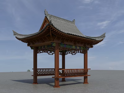 Traditional Chinese Wooden Pavilion With Curved Eaves Tile Roof And Carved Decorations 3d model