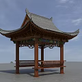 Traditional Chinese Wooden Pavilion With Curved Eaves Tile Roof And Carved Decorations