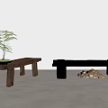 Natural Wooden Benches With Potted Plant Stone Base And Wood Logs Beige Wall Gray Floor