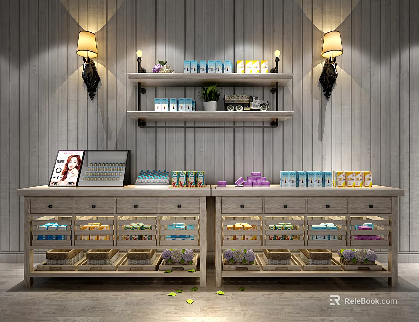 Wooden Showcase Shelves With Drawers And Products On Wall Lamps Decorated Wooden Wall 3d model 