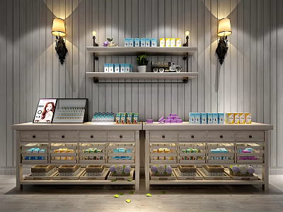 Wooden Showcase Shelves With Drawers And Products On Wall Lamps Decorated Wooden Wall 3d model