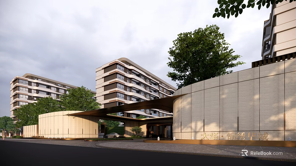 Modern Entrance Gate With Canopy And Landscaped Trees Near High Rise Building 3d model 
