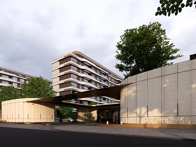 Modern Entrance Gate With Canopy And Landscaped Trees Near High Rise Building 3d model