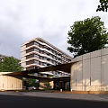 Modern Entrance Gate With Canopy And Landscaped Trees Near High Rise Building