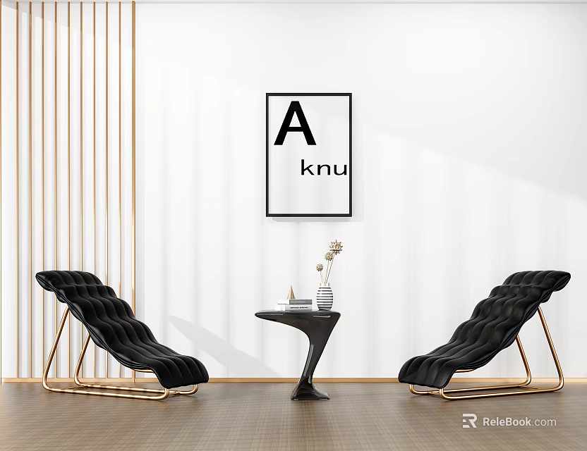 Black Lounge Chairs With Golden Metal Frame And Side Table In Modern Interior With Artwork 3d model 