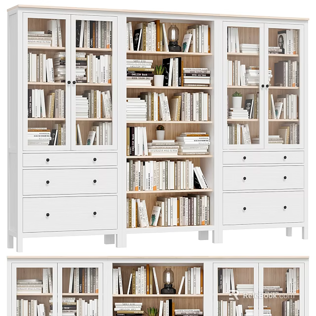 Modern White Bookcase With Open Shelves Drawers And Organized Book Storage 3d model 