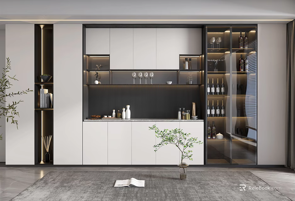 Modern Wine Cabinet Design With Glass Doors White Cabinets And Wine Bottles 3d model 