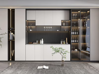 Modern Wine Cabinet Design With Glass Doors White Cabinets And Wine Bottles 3d model