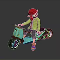 Turquoise Motorcycle With Red Haired Character In Green Jacket And Colorful Shoes