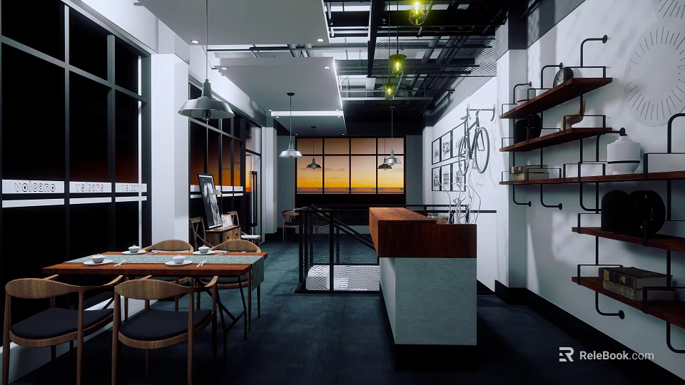 Modern Cafe Interior With Open Layout Wooden Tables Bar Counter And Large Windows 3d model 