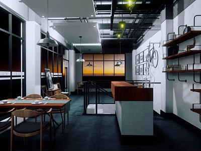 Modern Cafe Interior With Open Layout Wooden Tables Bar Counter And Large Windows 3d model