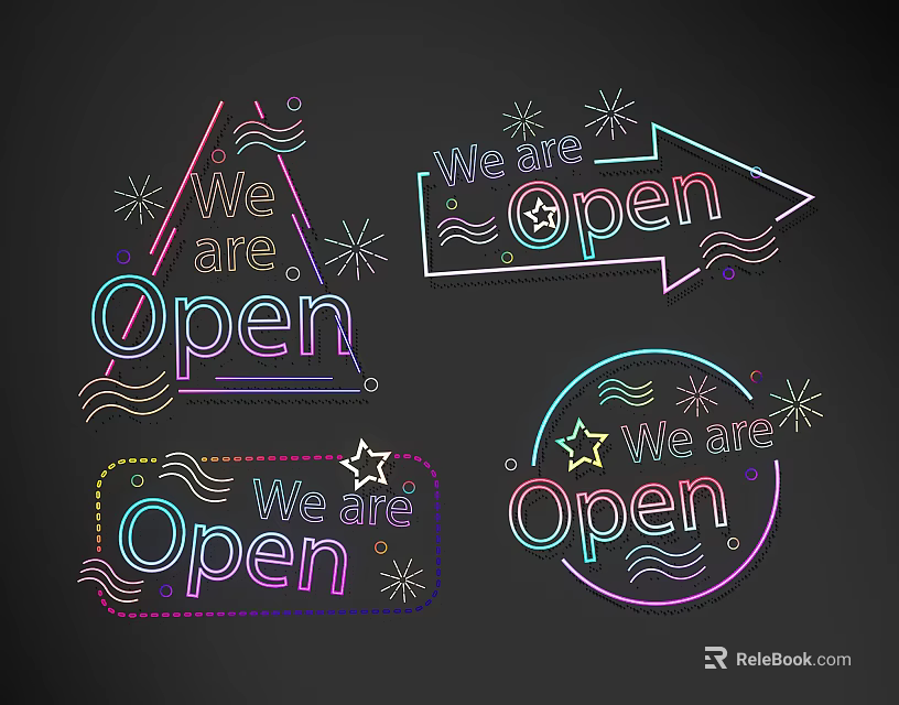 Colorful Neon Decorative Lights with We are Open Signs and Various Shapes 3d model 