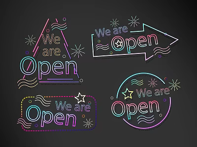 Colorful Neon Decorative Lights with We are Open Signs and Various Shapes 3d model