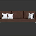 Modern Brown Leather Three-Seater Sofa with White Cushions and Blanket on Metal Legs