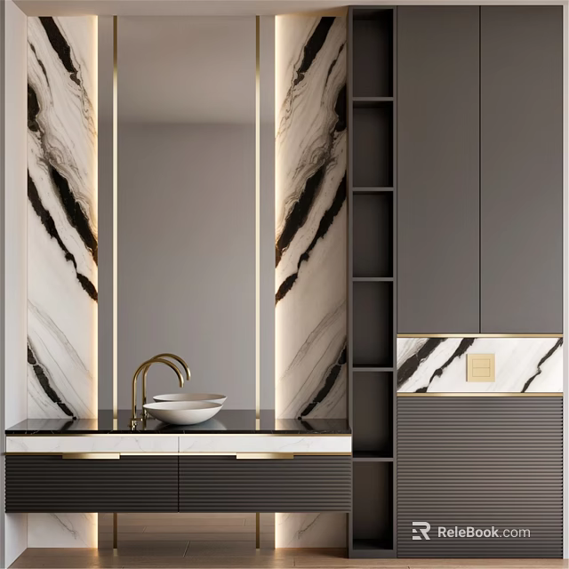 Modern Elegant Bathroom Vanity With Marble Walls Gold Faucet And Dark Cabinets 3d model 