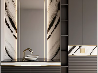 Modern Elegant Bathroom Vanity With Marble Walls Gold Faucet And Dark Cabinets 3d model