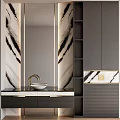 Modern Elegant Bathroom Vanity With Marble Walls Gold Faucet And Dark Cabinets