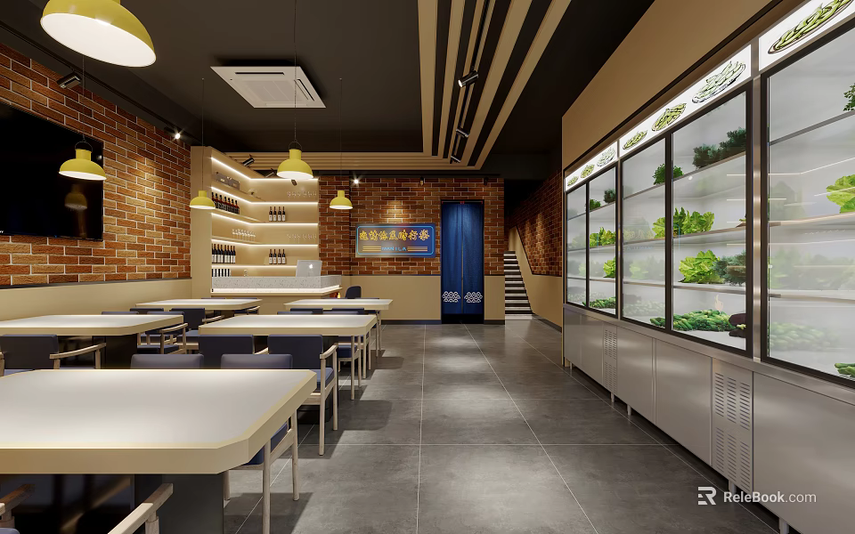 Cozy Restaurant With Brick Walls Yellow Pendant Lights White Tables Refrigerated Cases And Blue Door 3d model 