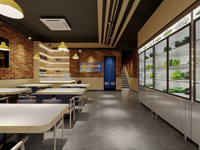 Cozy Restaurant With Brick Walls Yellow Pendant Lights White Tables Refrigerated Cases And Blue Door 3d model