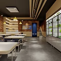 Cozy Restaurant With Brick Walls Yellow Pendant Lights White Tables Refrigerated Cases And Blue Door