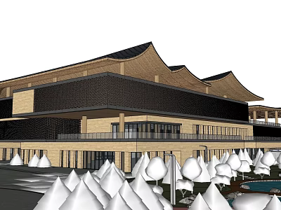 Traditional Roof Visitor Center With Modern Wooden Design And White Conical Landscaping 3d model