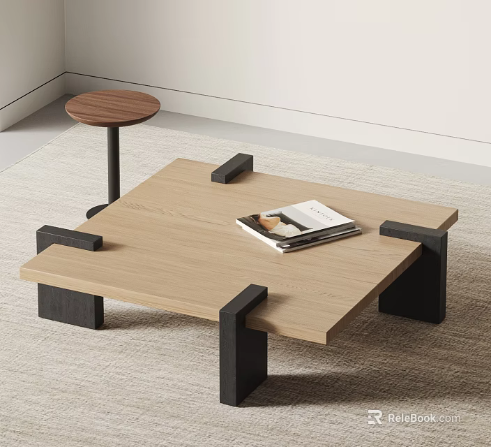 Minimalist Oak Coffee Table With Black Legs And Magazine On Light Rug 3d model 