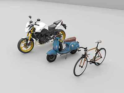 Modern Black And White Motorcycle With Yellow Wheels And Blue Retro Scooter Alongside Bicycle 3d model