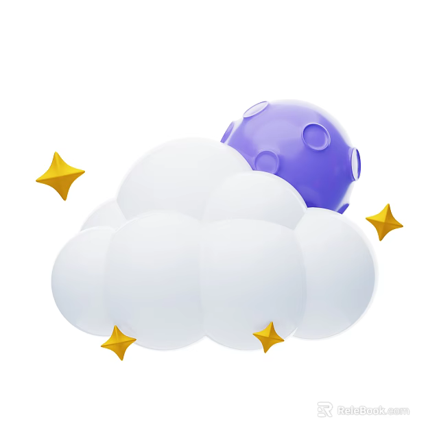 Stylish Decorative Ornament Set with White Cloud Purple Moon and Yellow Stars Design 3d model 