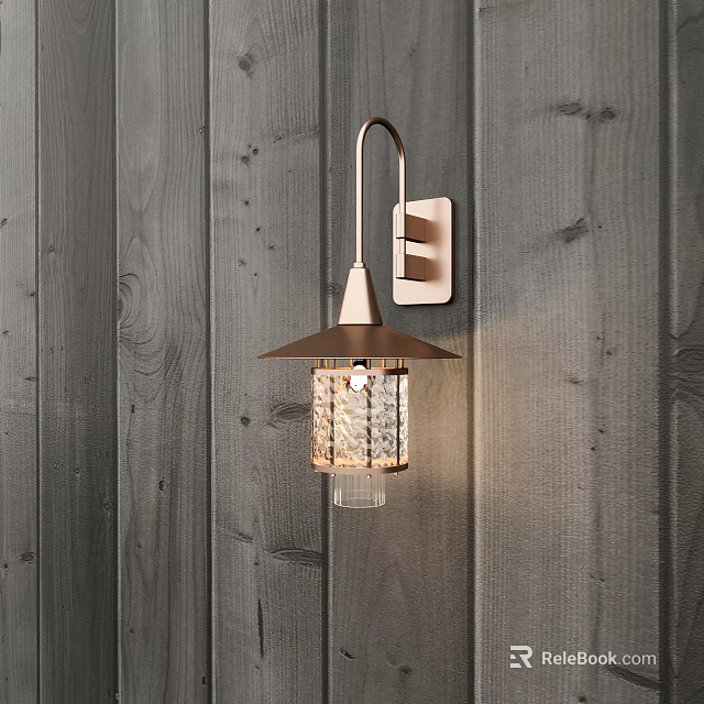 Modern Wall Sconce with Metallic Body and Textured Glass Shade on Dark Wooden Wall 3d model 