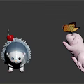 Blue Hedgehog With Cherry On Back And Pink Rabbit With Butterfly On Head