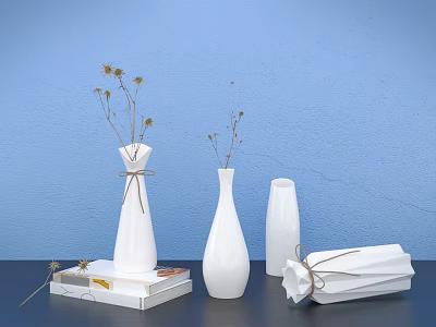 Decorative Ornament Set With White Vases Dried Flowers Books And Rope Wrapped Decor 3d model