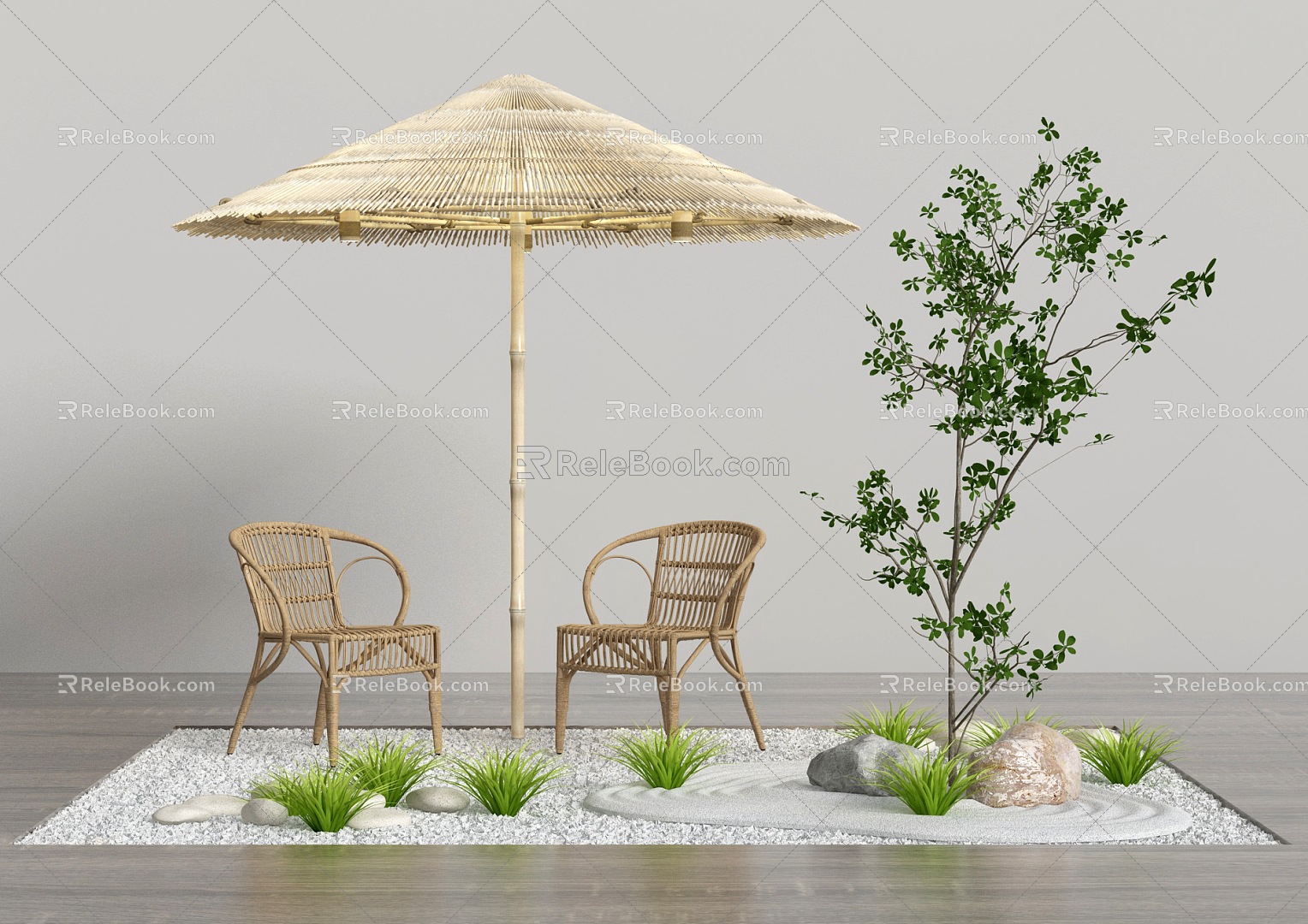 Modern Outdoor Table and Chair Leisure Chair Green Plant Landscape Gardening model