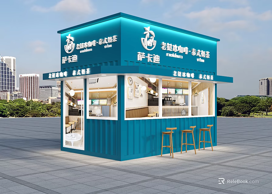 Blue Container Building For Milk Tea Shop With Open Windows And Bar Stools 3d model