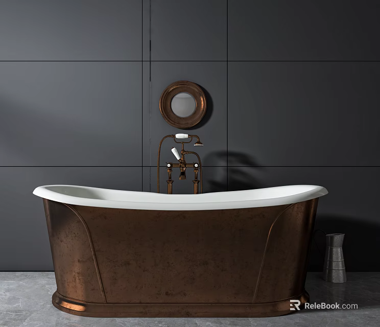 Elegant Copper Bathtub With Classic Faucet And Round Mirror On Dark Wall Background 3d model 