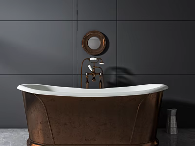 Elegant Copper Bathtub With Classic Faucet And Round Mirror On Dark Wall Background 3d model