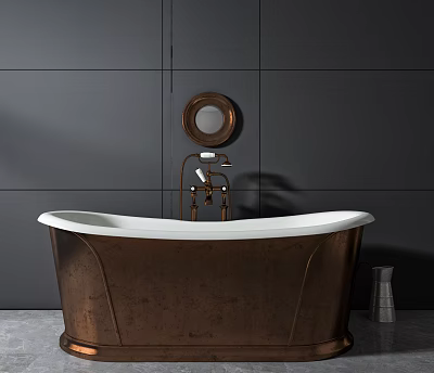Elegant Copper Bathtub With Classic Faucet And Round Mirror On Dark Wall Background 3d model