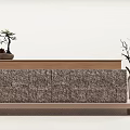 Modern Bar Counter with Wooden Top Stone Cabinet Bonsai Plant and Vase with Branches
