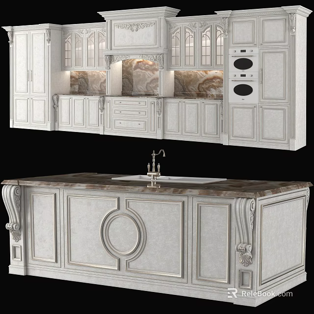 Elegant White Kitchen Cabinets With Carved Details And Marble Island Countertop 3d model 