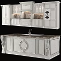 Elegant White Kitchen Cabinets With Carved Details And Marble Island Countertop